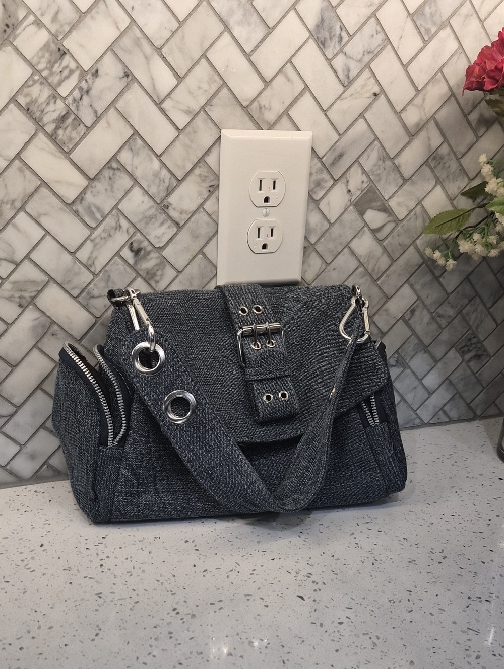 Blue Jean Shoulder Bag with Silver Hardware